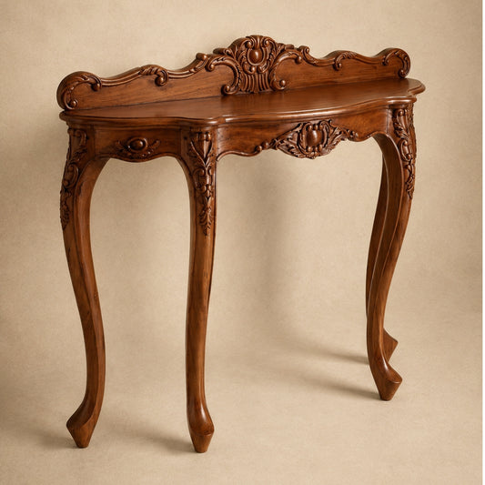 Ornate Carved Wood Console Table with Crest