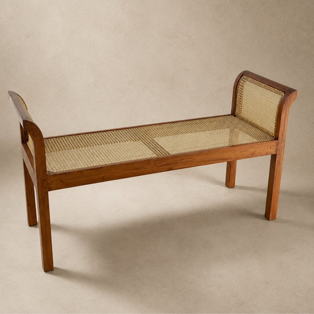Handwoven Rattan Cane Bench with Rolled Arms