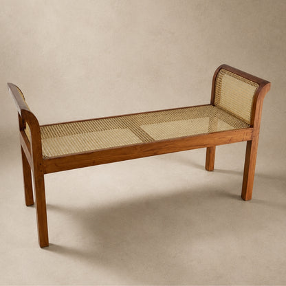 Handwoven Rattan Cane Bench with Rolled Arms