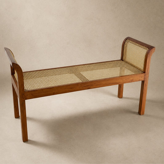 Handwoven Rattan Cane Bench with Rolled Arms