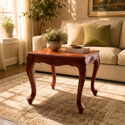 Hand-Carved Floral Wood Sofa Side Table