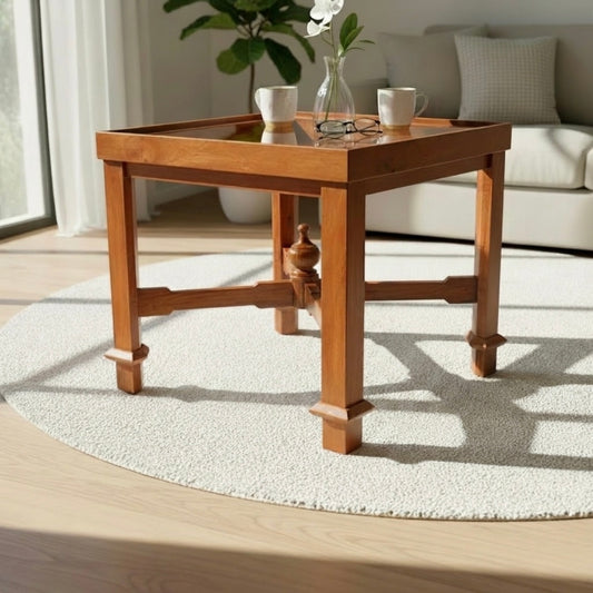 Glass Top Wooden Coffee & Centre Table with Turned Finial