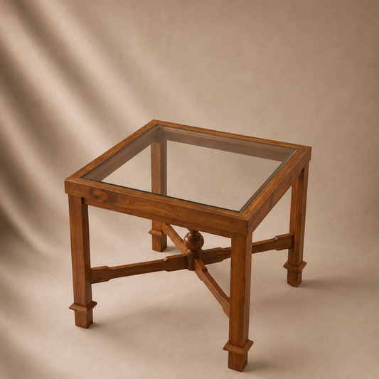 Glass Top Wooden Coffee & Centre Table with Turned Finial