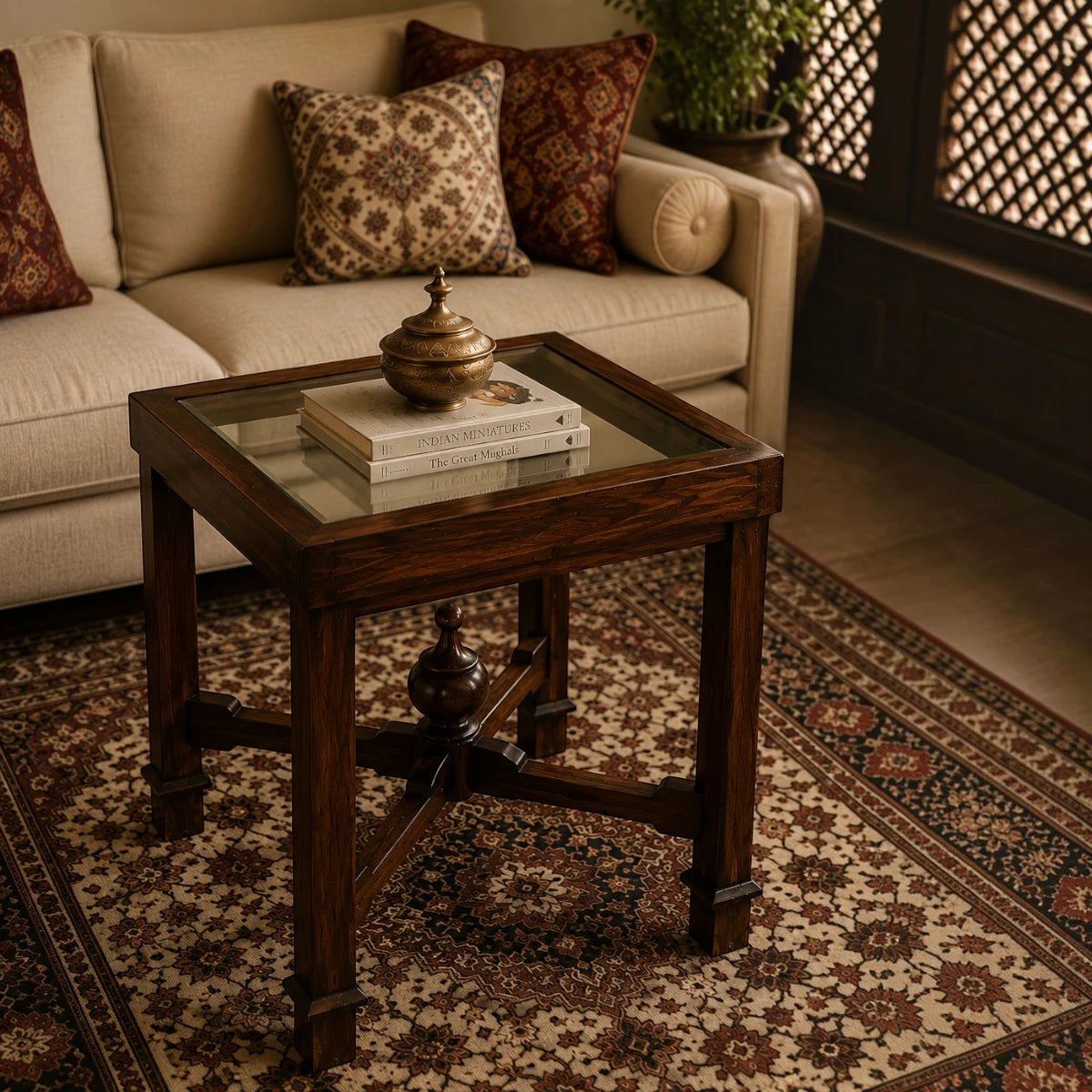 Dark Wood Glass Top Coffee & Side Table with Central Finial