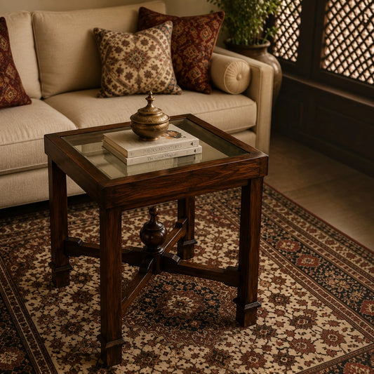 Dark Wood Glass Top Coffee & Side Table with Central Finial