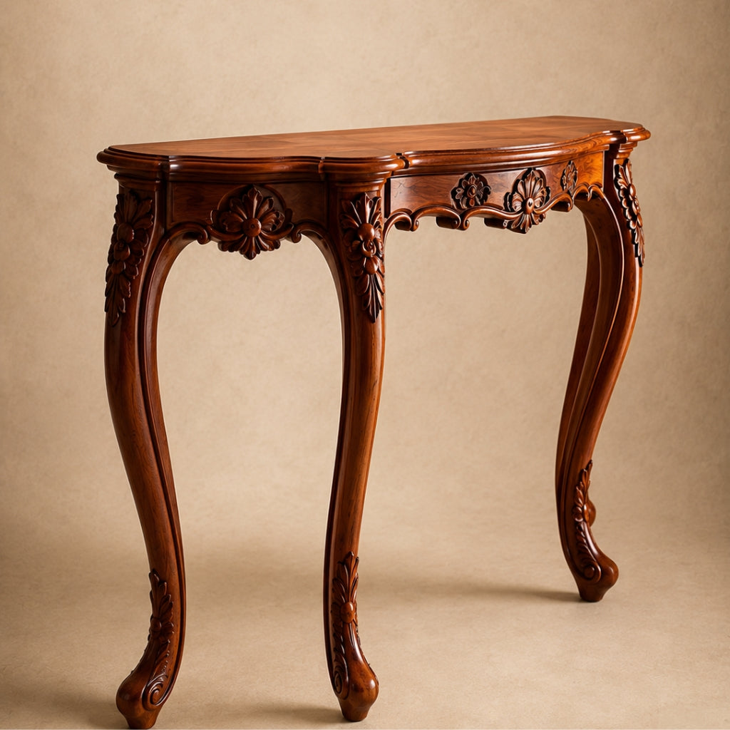 Hand-Carved Floral Wood Console Table