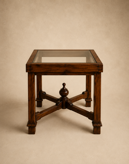 Dark Wood Glass Top Coffee & Side Table with Central Finial