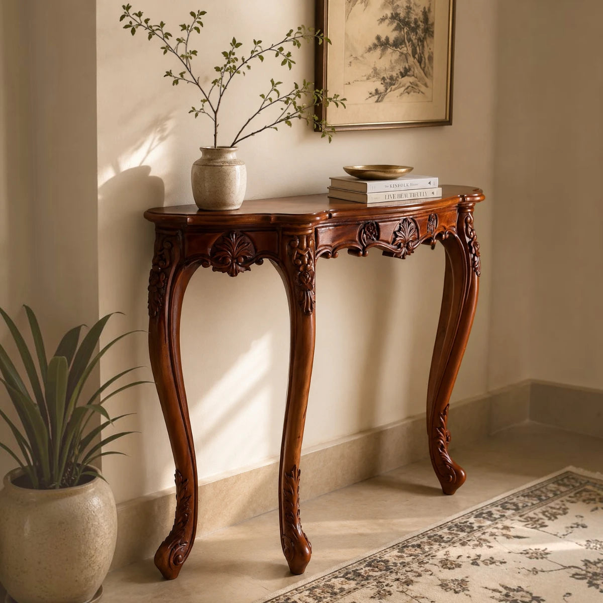 Hand-Carved Floral Wood Console Table