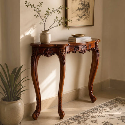 Hand-Carved Floral Wood Console Table