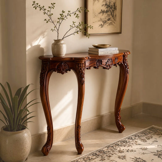 Hand-Carved Floral Wood Console Table