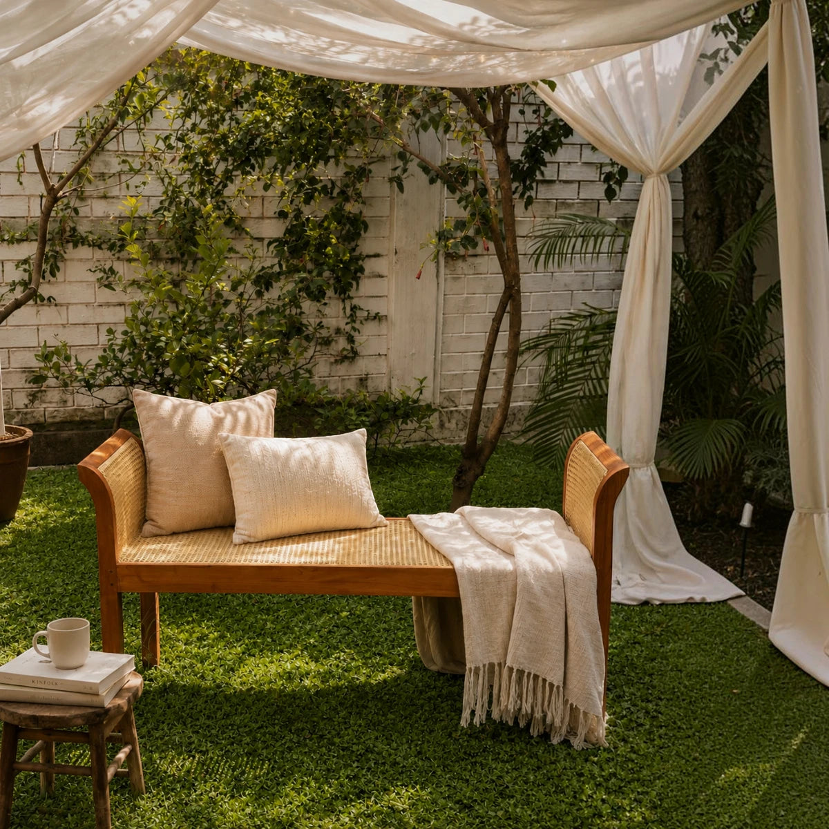 Handwoven Rattan Cane Bench with Rolled Arms