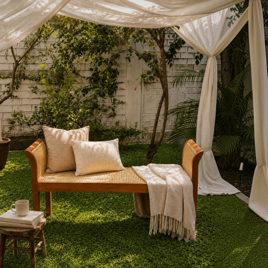 Handwoven Rattan Cane Bench with Rolled Arms