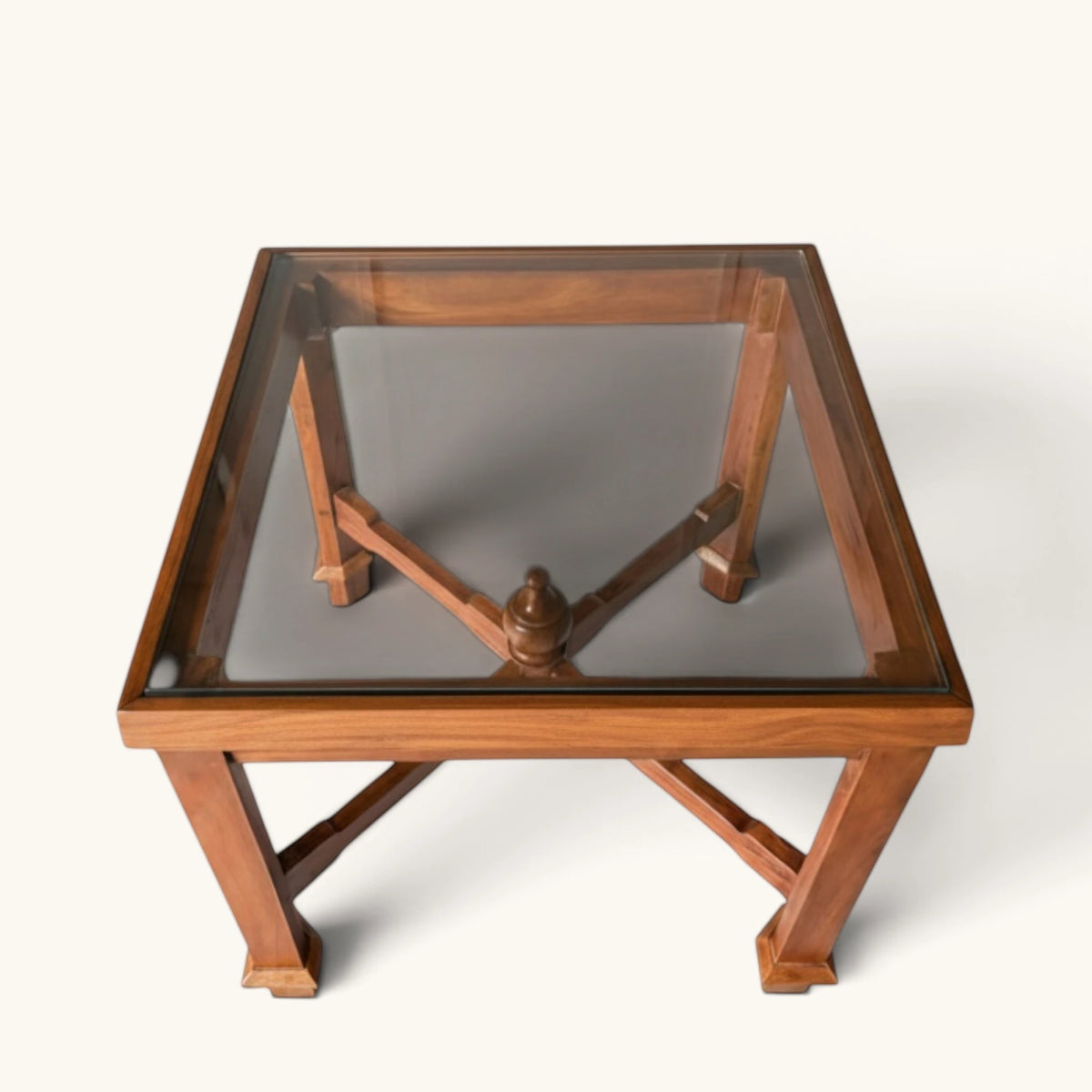 Glass Top Wooden Coffee & Centre Table with Turned Finial