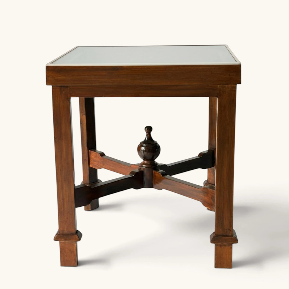 Dark Wood Glass Top Coffee & Side Table with Central Finial