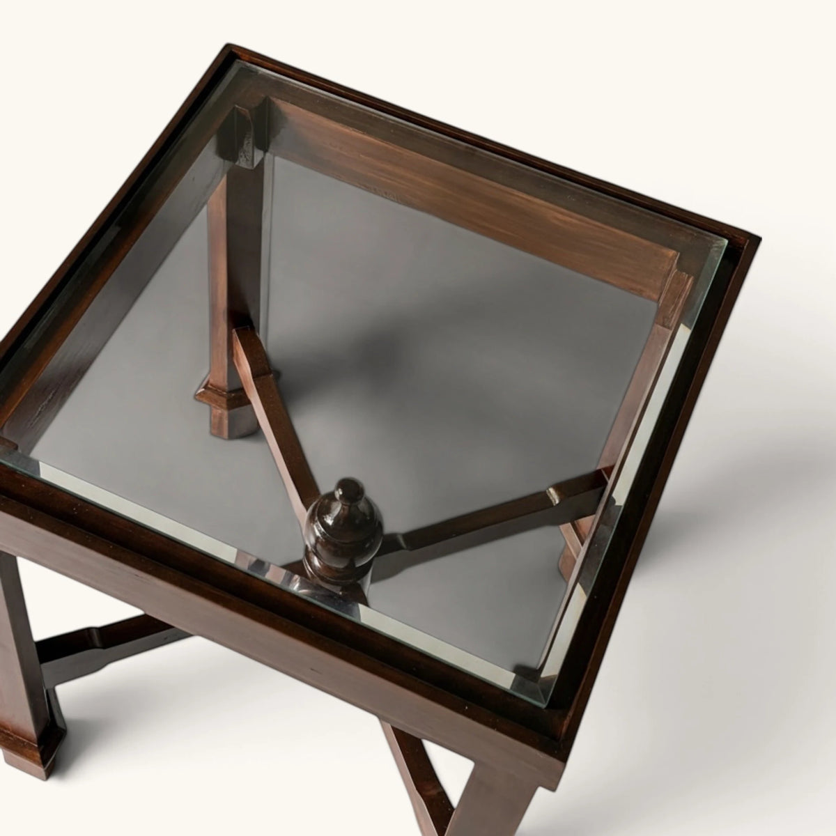 Dark Wood Glass Top Coffee & Side Table with Central Finial