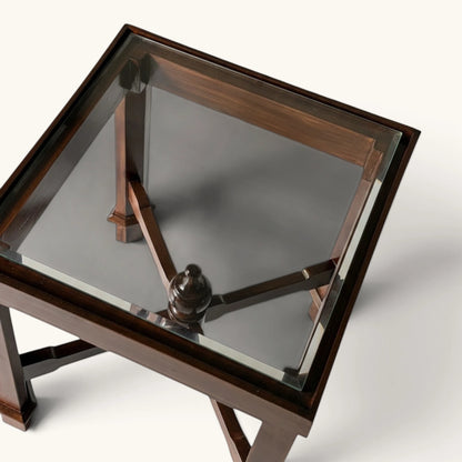 Dark Wood Glass Top Coffee & Side Table with Central Finial