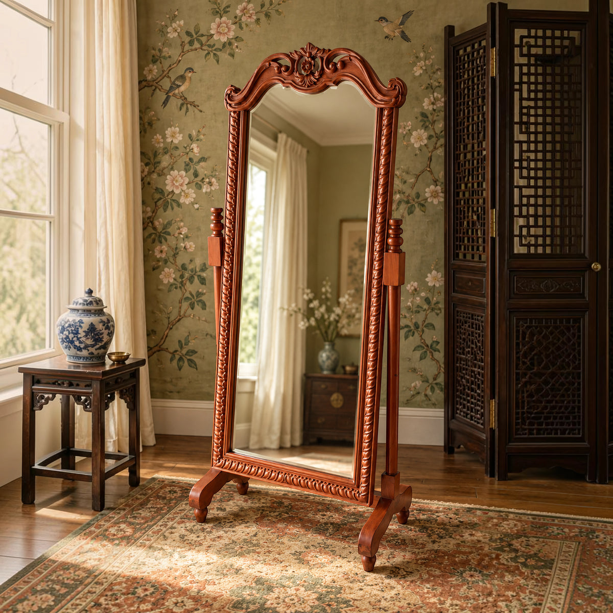 Floral Carved Standing Mirror