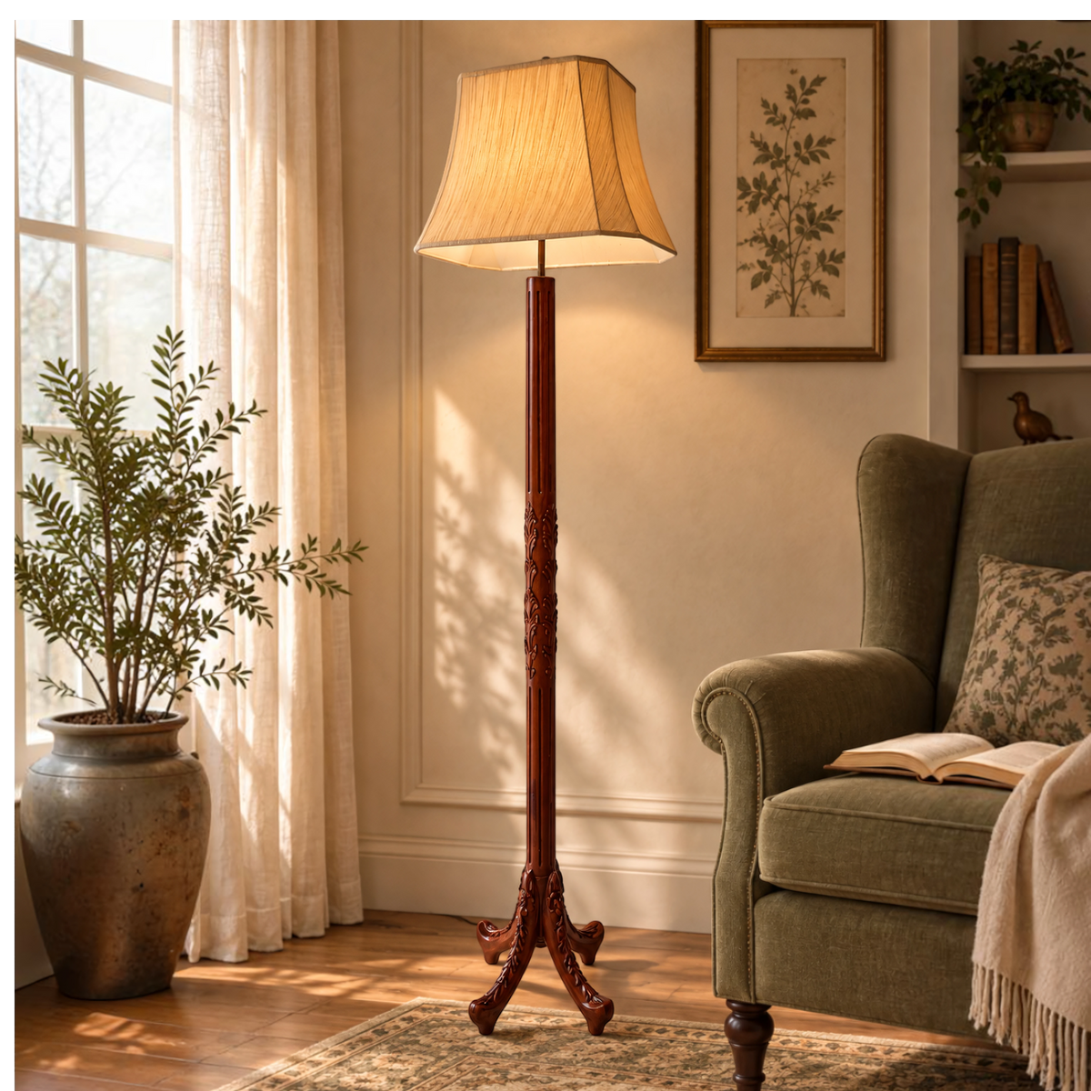 Carved Tripod Floor Lamp
