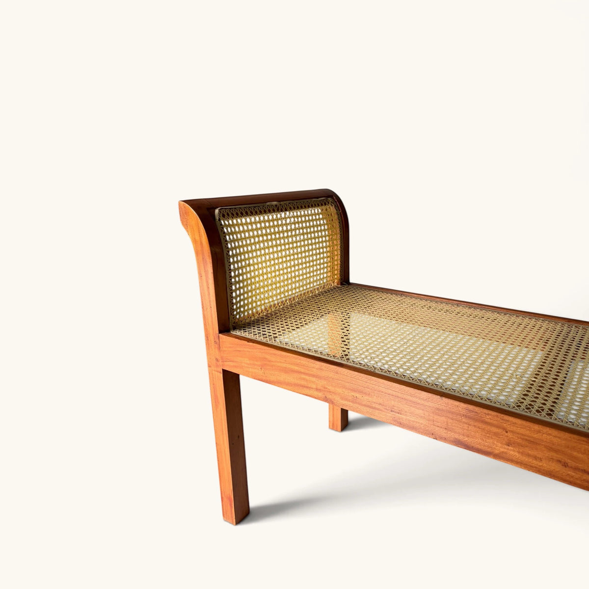Handwoven Rattan Cane Bench with Rolled Arms