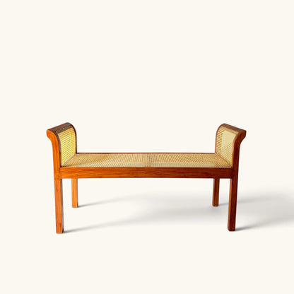 Handwoven Rattan Cane Bench with Rolled Arms