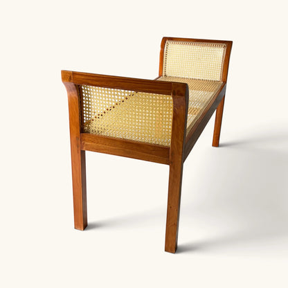 Handwoven Rattan Cane Bench with Rolled Arms