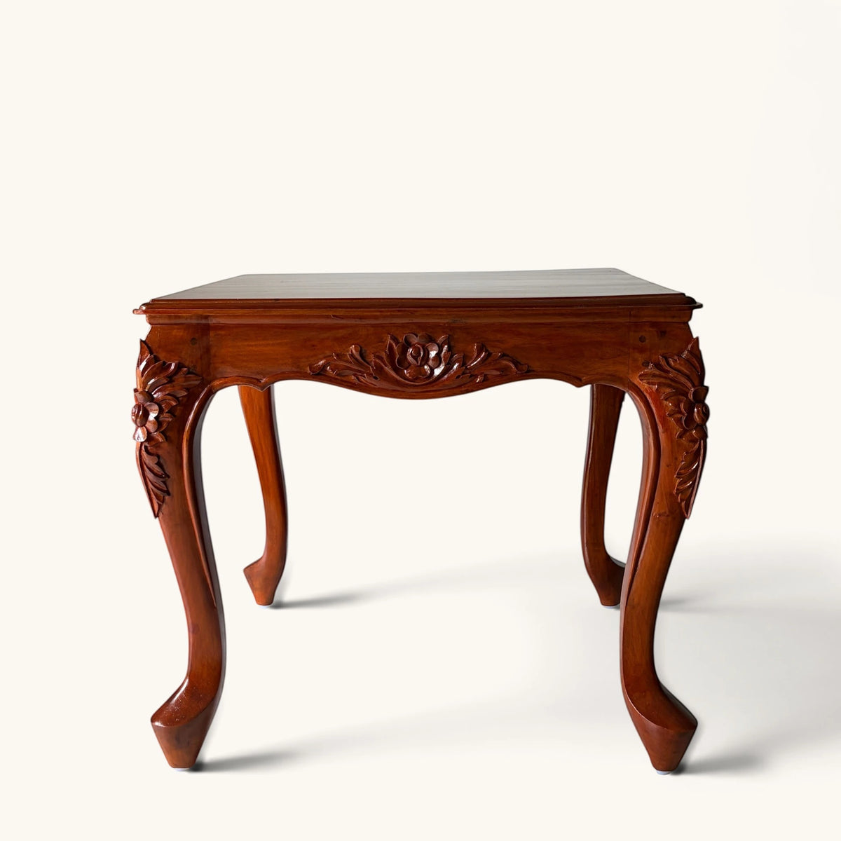Hand-Carved Floral Wood Sofa Side Table
