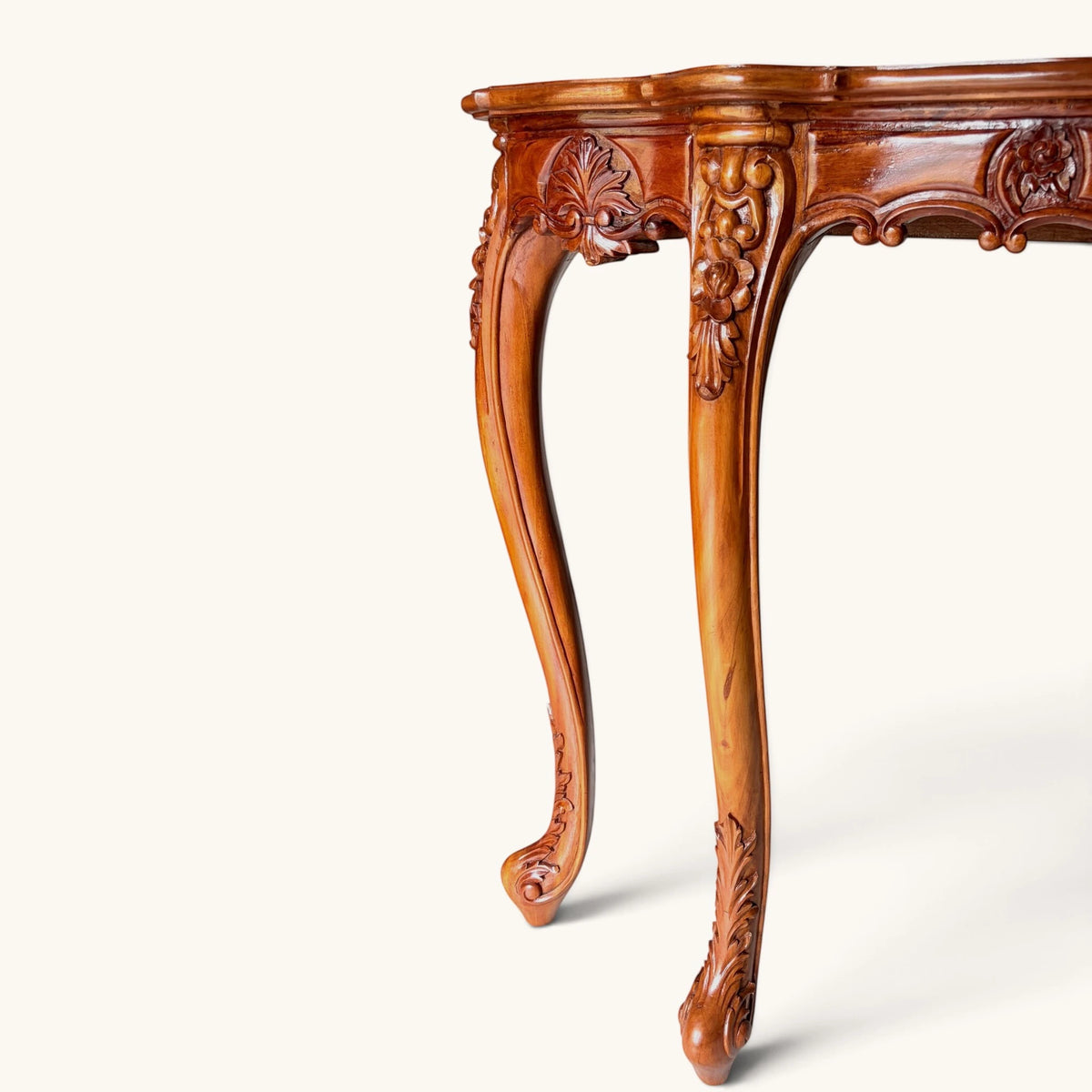 Hand-Carved Floral Wood Console Table