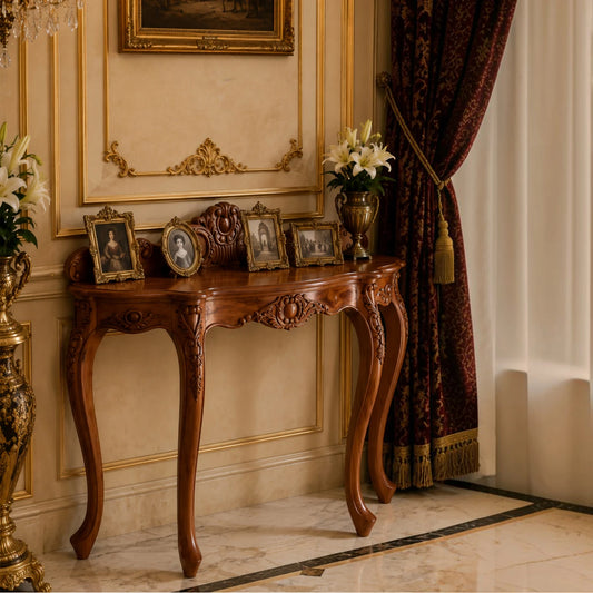 Ornate Carved Wood Console Table with Crest