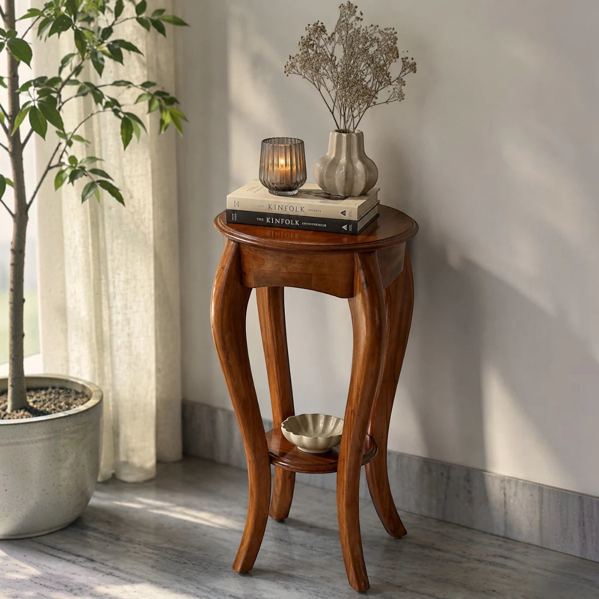 Handcrafted Curved Wooden Pedestal & Accent Stand