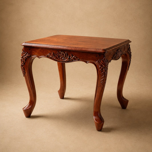 Hand-Carved Floral Wood Sofa Side Table