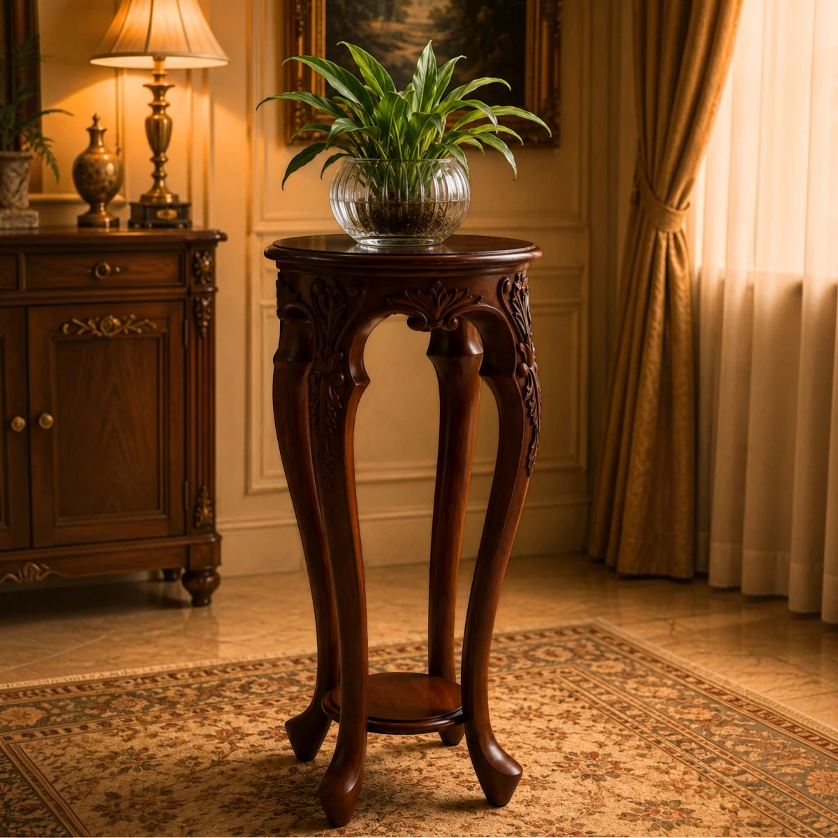 Handcrafted Carved Wood Plant & Display Stand
